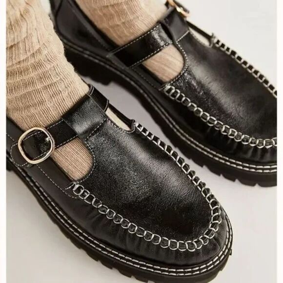 Free People x Mutma Hadley Lugged Oxfords Black with White Stitching NWOB US 7 - Picture 1 of 6